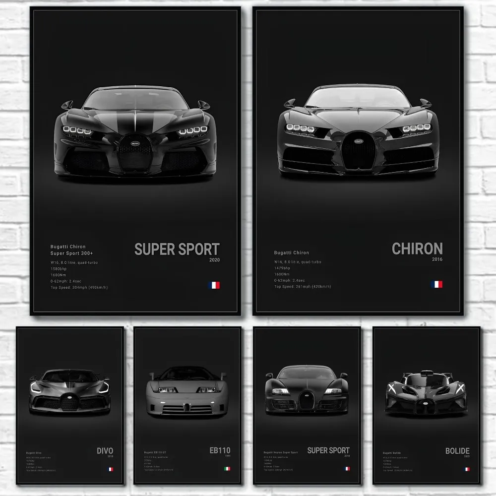 Cool Supercar B-Bugatti V-Veyron CHIRON DIVO BOLIDE Poster Sticky Wall Art Printing Waterproof Home Living Bed Room Bar Aestheti