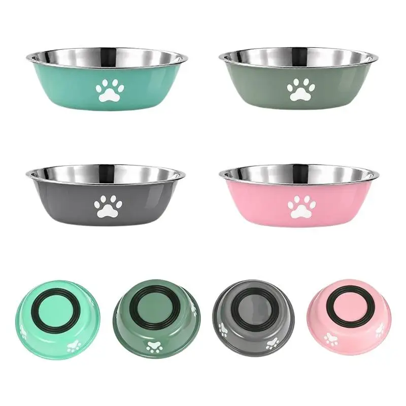 New Stainless Steel Dog Basin Paw Print Pet Supplies Cat Bowl Dog Bowl Silicone Anti-Slip Design Pet Drinking Water Feeding Bowl