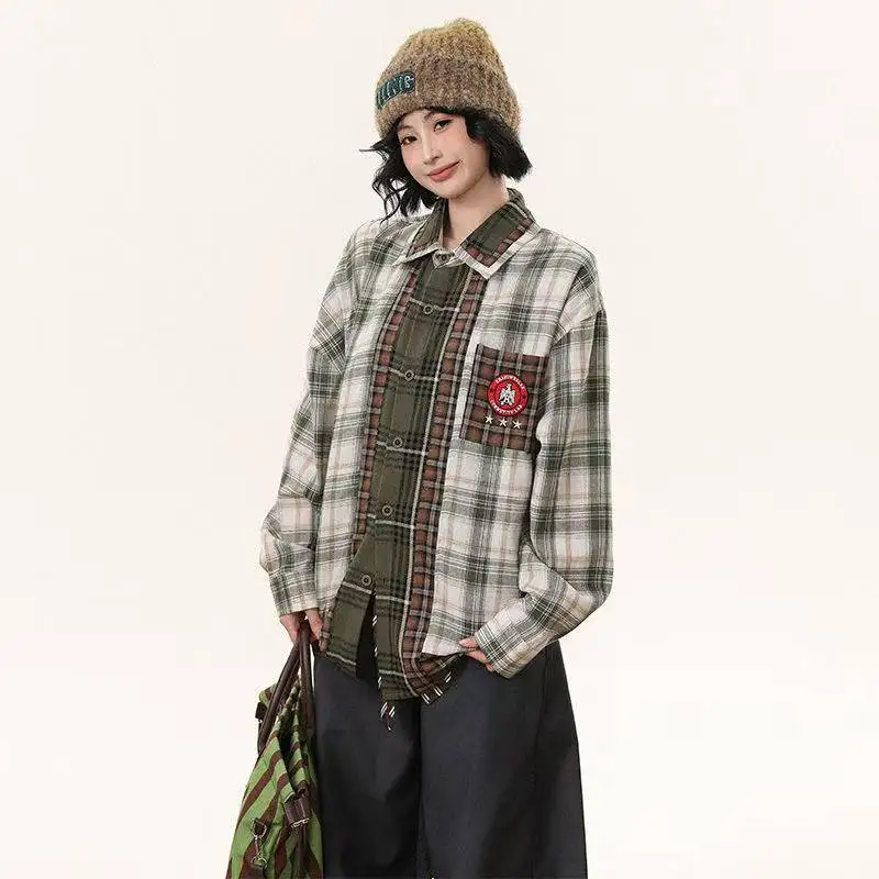 

Design Sense Spliced ​​Plaid Shirt Men And Women Trendy Brands Ins American Retro Plaid Long-Sleeved Couple Shirt Jacket Trendy