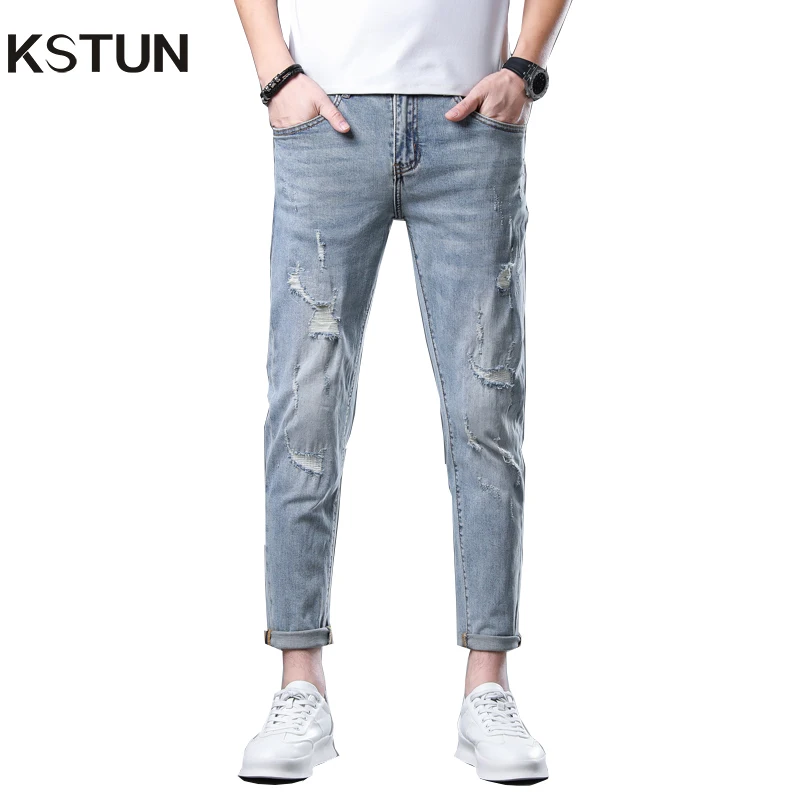 Hip Hop Jeans For Men Light Blue Stretch Skinny Ankle Length Denim Pants Ripped Jeans Man 2024 Summer Frayed Patchwork Cowboys