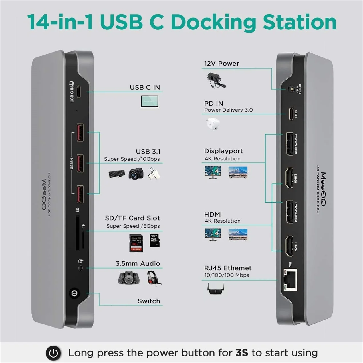 Docking Station USB C,QGeeM DisplayLink USB Type-C Hub 4K Quadruple Display Thunderbolt 3 Universal Docking Station for Laptop