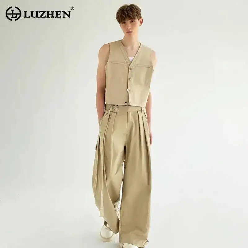 

LUZHEN Sets High Summer 2026 Fashion Two-piece Men's Casual Quality Sleeveless Tank Tops Loose Pleated Straight Pants New JY7567