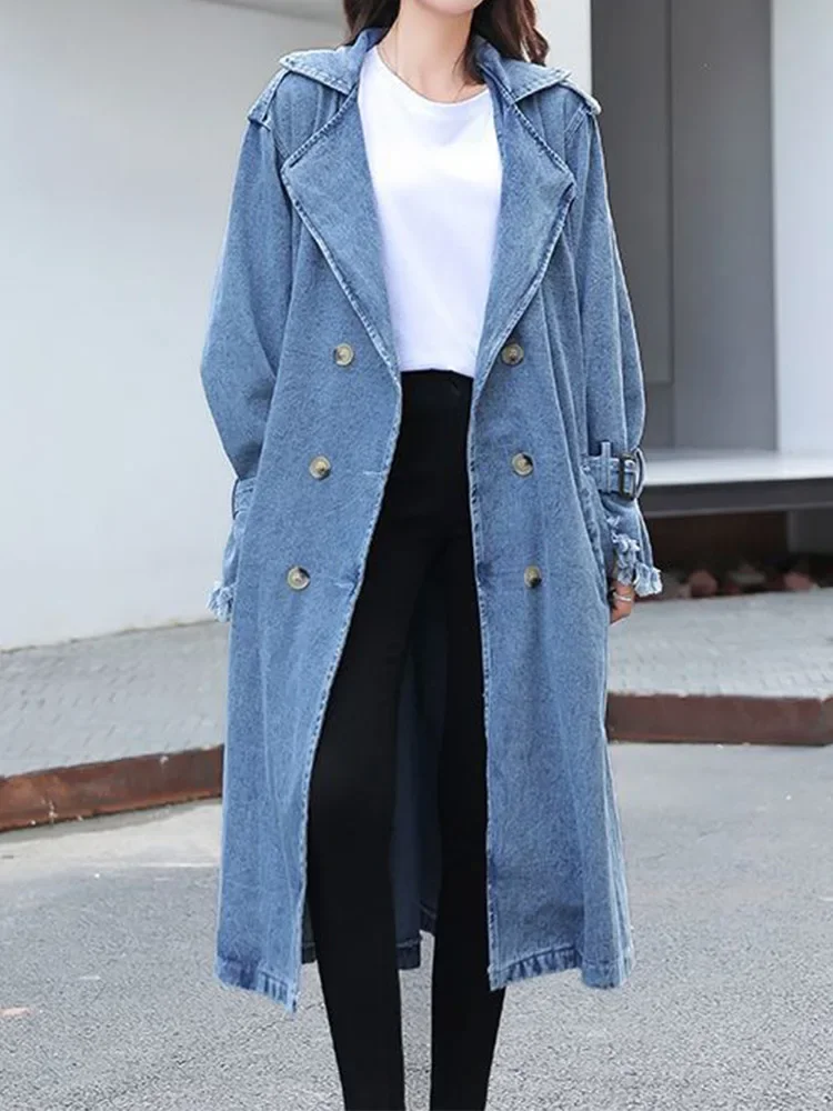 

Fitaylor New Spring Autumn Women Fashion Denim Trench Coat Double Breasted Lace-up Long Jean Jacket Vintage Solid Color Outwear