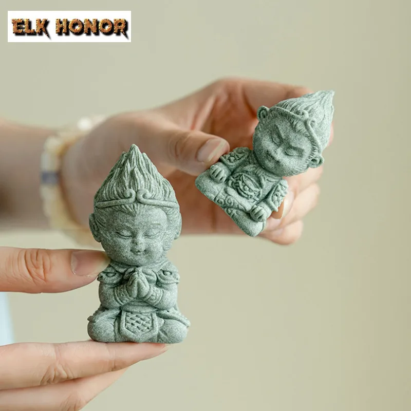 Green Sandstone Sun Wukong Tea Pet Boutique Monkey King Tea Pet Traditional Tea Figurine Fish Tank Landscape Teaware Decoration