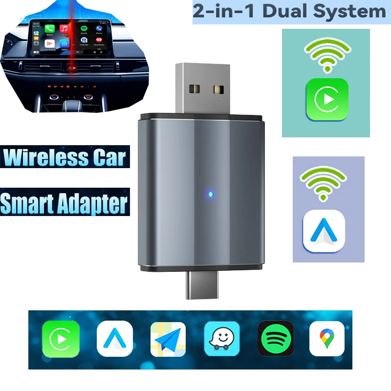 

Aluminum alloy wireless car intelligent converter 2-in-1 USB/Type-C connection to Carplay USB flash drive Wireless Adapter Kit