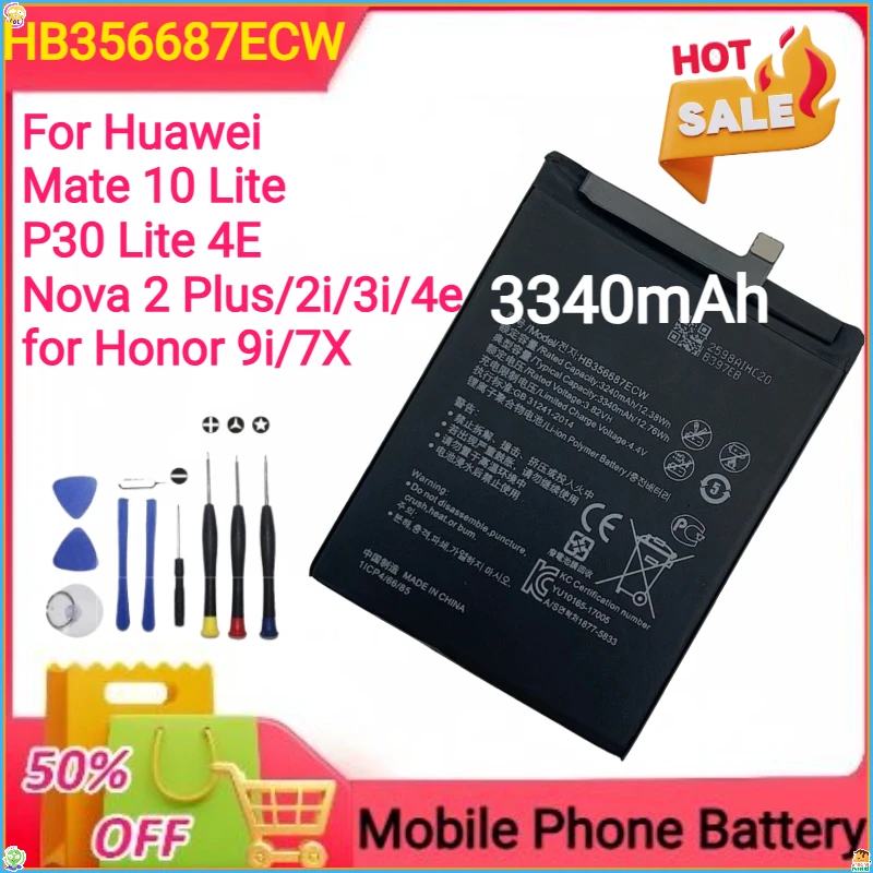 3340mAh HB356687ECW for Huawei Mate 10 Lite/P30 Lite 4E/Nova 2 Plus/2i/3i/4e for Honor 9i/7X Mobile Phone Battery+Tools