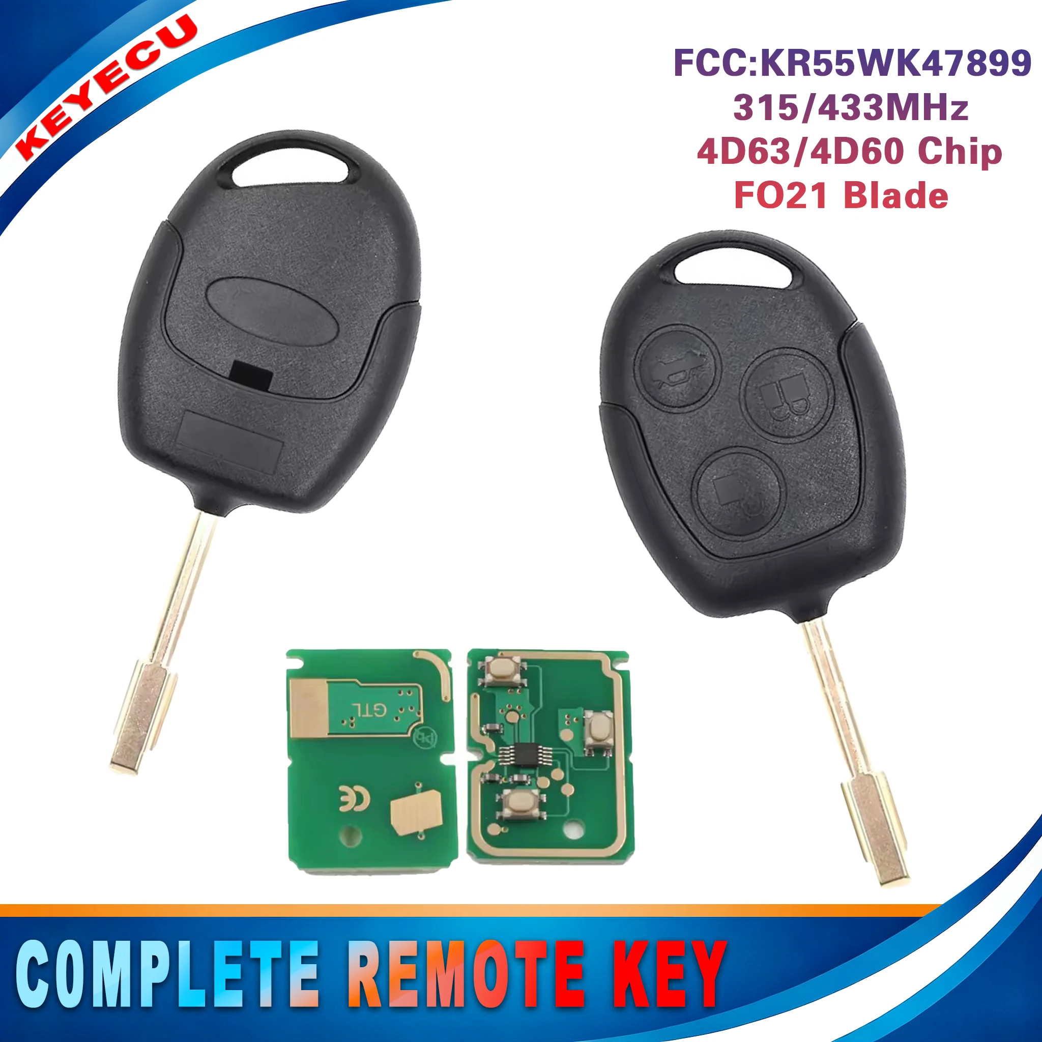 KEYECU for Ford Focus Transit Connect 2010 2011 2012 2013 Remote Key Fob KR55WK47899 315/433MHz 4D63/4D60 Chip Uncut FO21 Blade