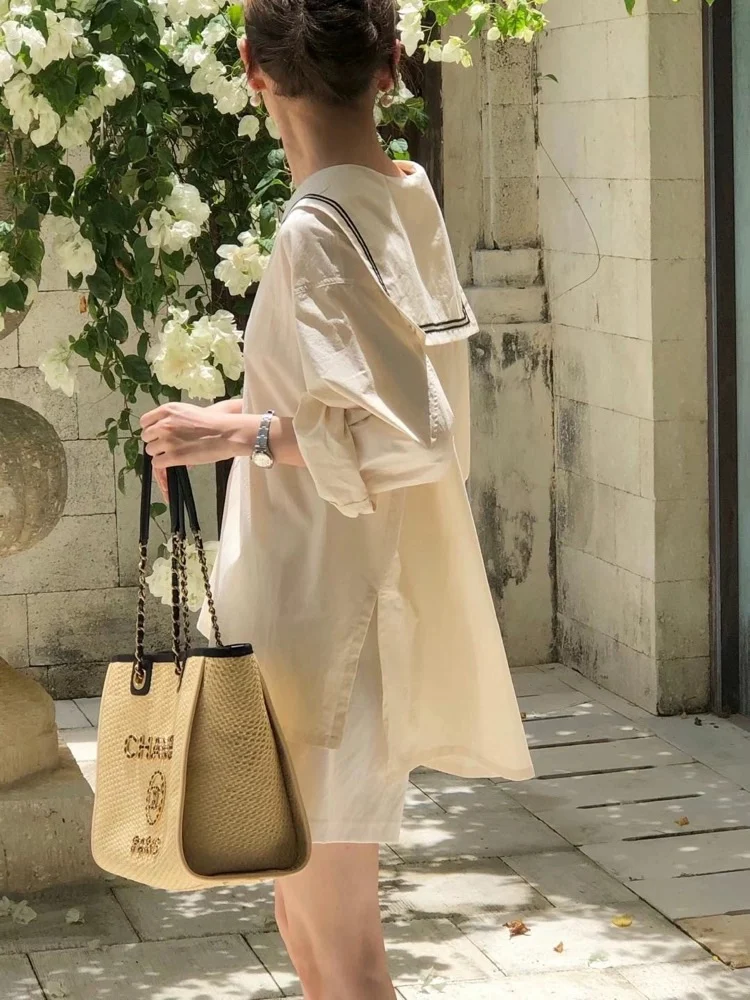 

Summer 2023 Women's Loose Fit Long Sleeve Navy Collar Casual Shirt Sun Protection Clothing Korean Style Commute Cotton Dress