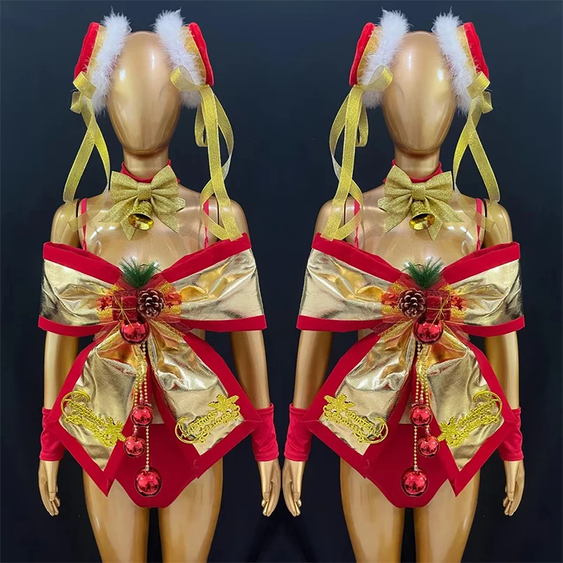 المرأة مرحلة الأداء الزي مثير جوجو Dancewear الأحمر الذهب القوس أعلى عيد الميلاد هالوين أزياء تنكرية ملابس الحفلات الهذيان 4276