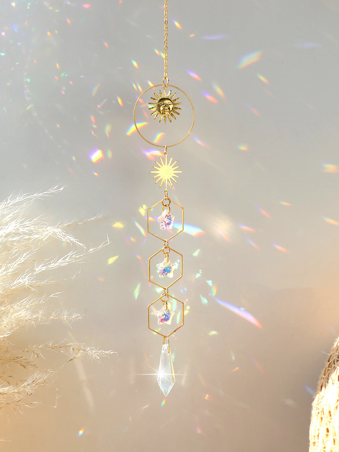 Golden Sun Crystal Suncatcher Hanging Star Prism Glass Crystals Suncatcher Garden Rainbow Maker Light Catcher Outdoor Decor Gift