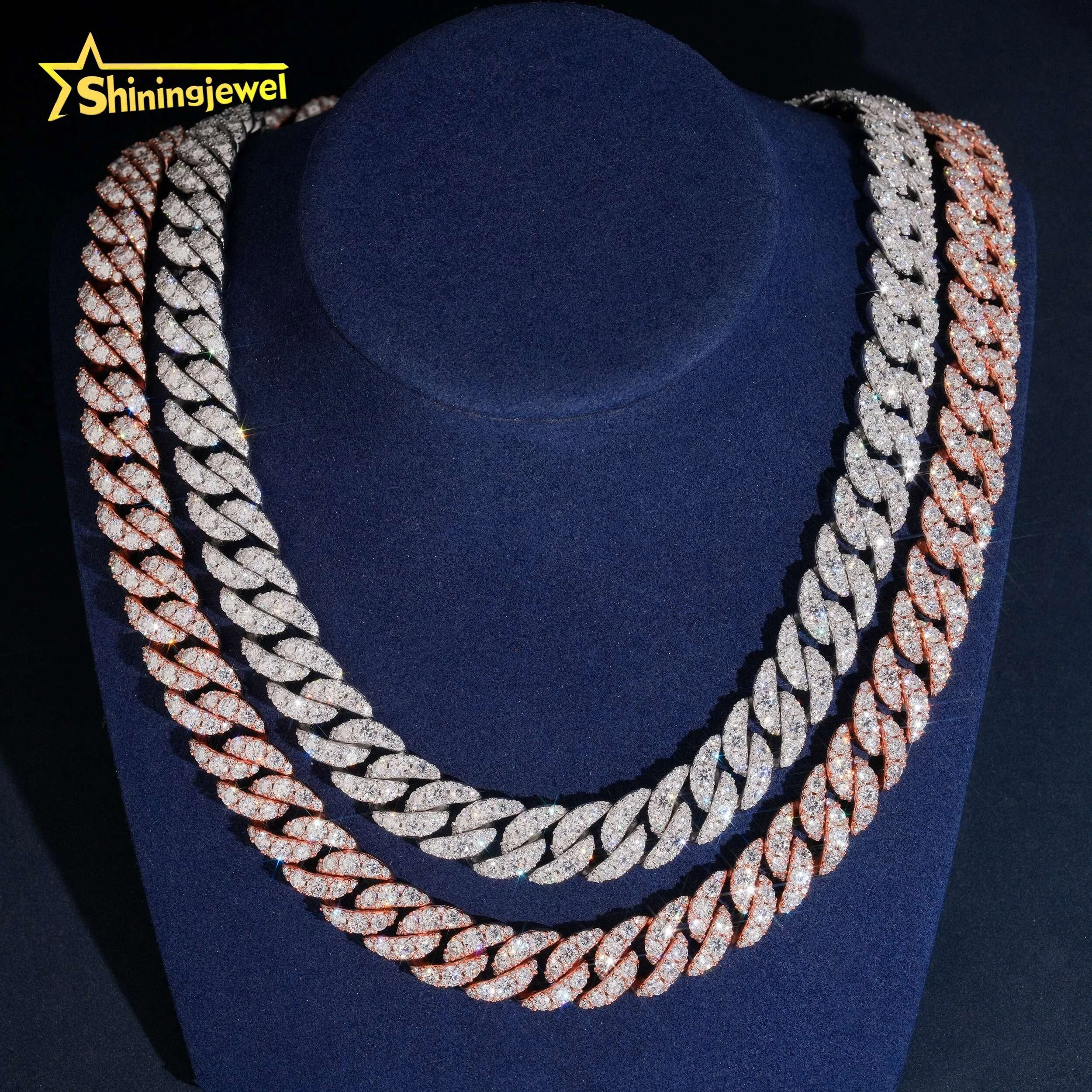 Arrivals New 925 Silver Jewelry Hip Hop Mens Rose Gold One Row Big Diamond 15mm Cuban Link Chain Necklace.