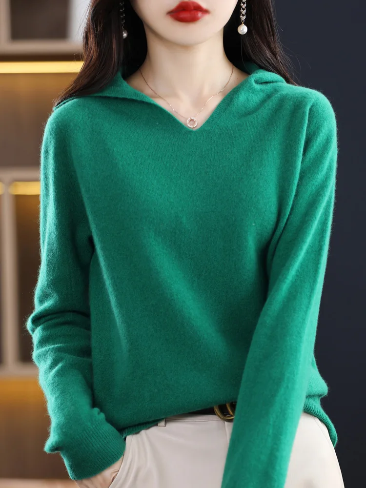 Autumn Winter Women Casual Pullovers Hoodie 100% Merino Wool Sweater Korean Fashion Cashmere Knitwear Female Clothes Tops