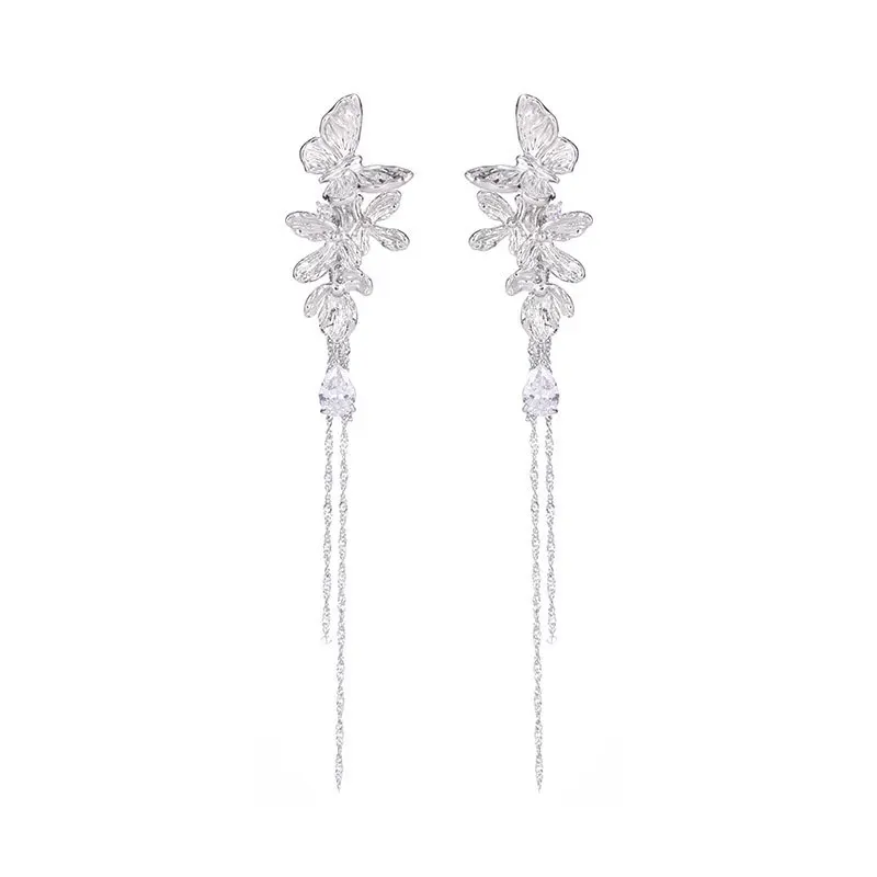 Pendientes largos de lujo para mujer, aretes de borla de flor de mariposa, aguja de plata, circón, viento frío