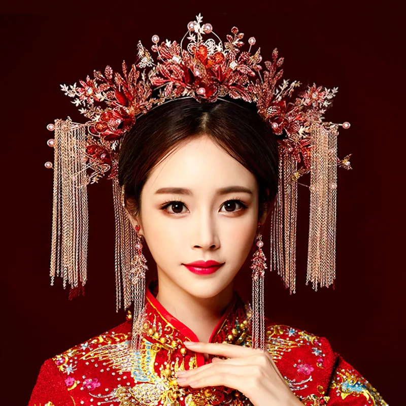 Retro Chinese Headdress Crown Headband Catwalk Stage women luxury bride hair headpiece Ancient Dress Hair Accessories Set