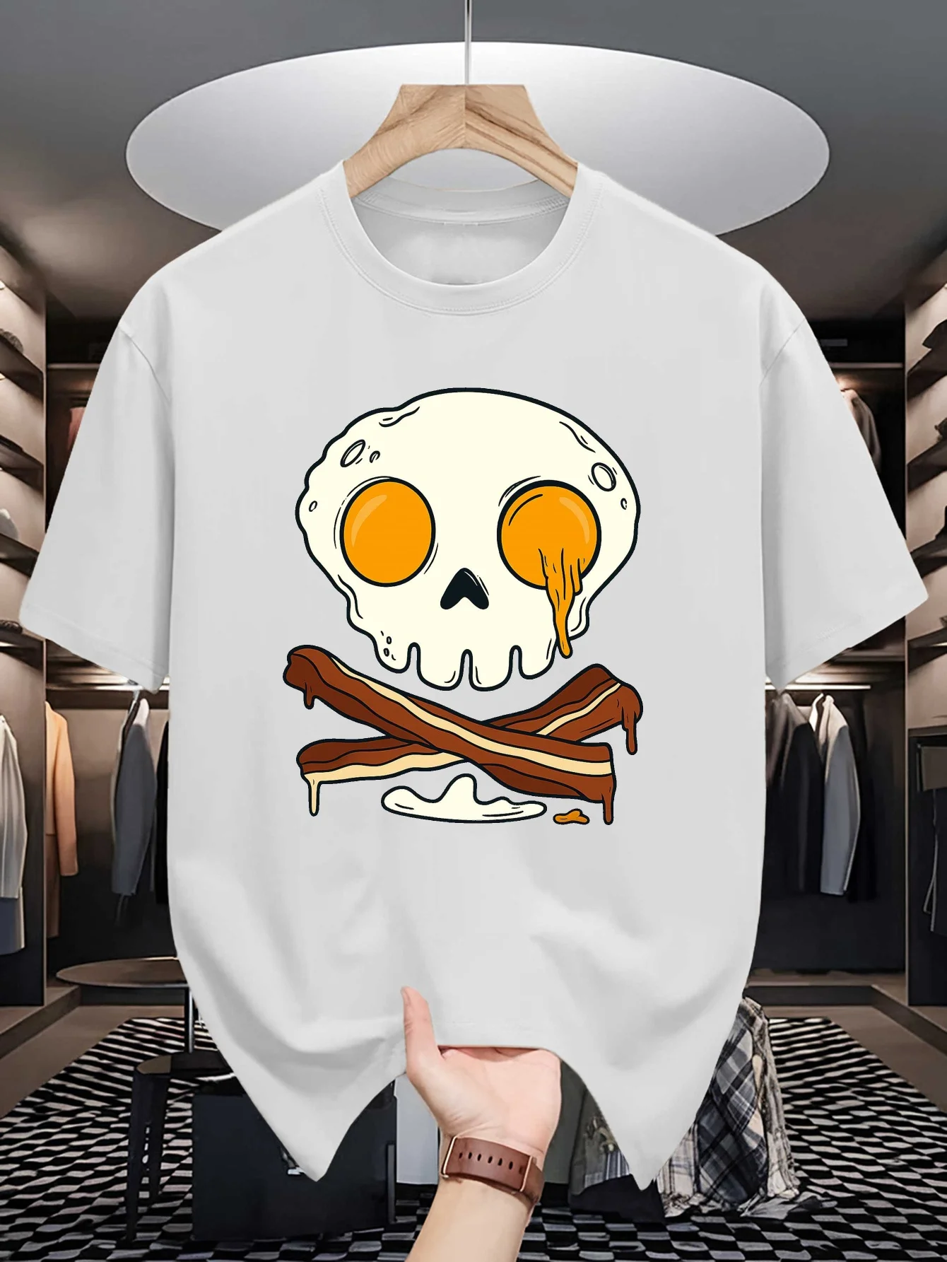 Funny Skull Egg Bacon Graphic Mens T Shirt Crew Neck Cotton Short Sleeve Breakfast Print Tees Casual Party Gift For Food Lovers