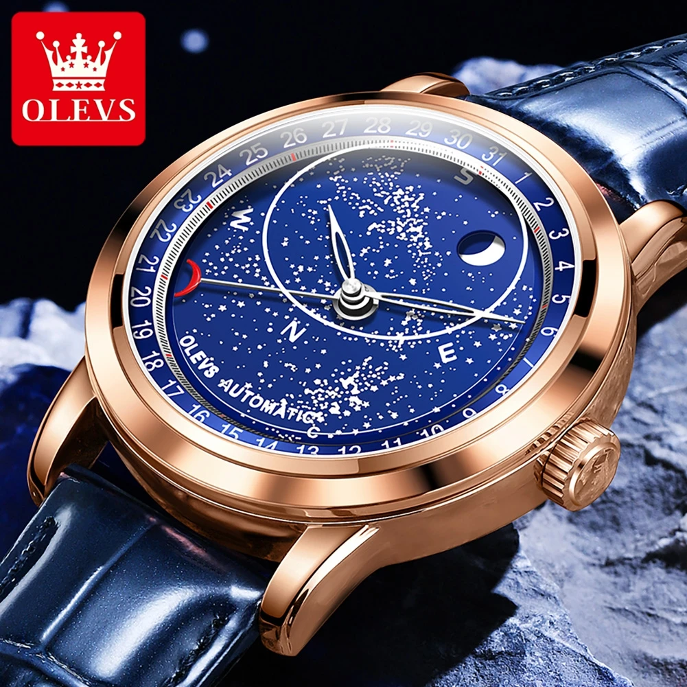 OLEVS 9923 Moon Phase Automatic Mechanical Watches for Man Fashion Leather Strap Waterproof Starry Sky Blue Luxury Men's Watches