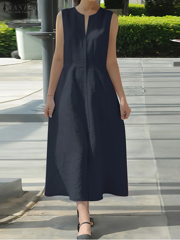 ZANZEA 2025 été Maxi Robe longue femmes col en V sans manches Robe d'été élégant décontracté vacances fête robes solide Robe de travail Femme