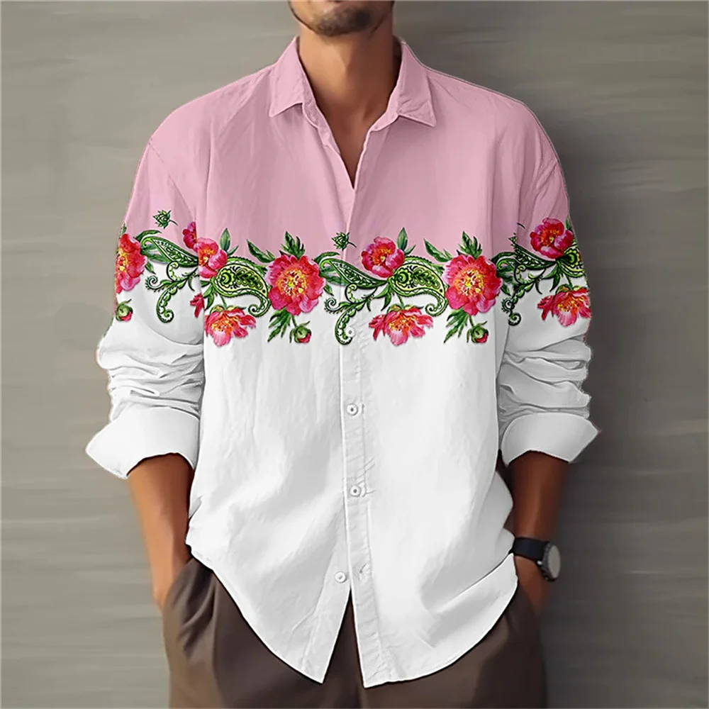 

2024 Summer Fashion Men's Flower Pattern Printed Shirt for Daily Comfort Soft Flip Collar Button Long sleeved Top