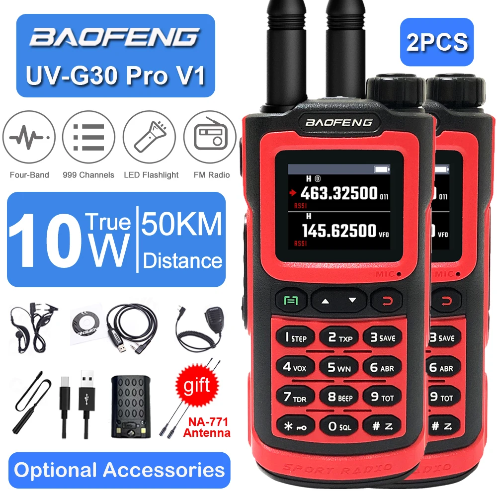 

2PCS Baofeng UV-G30 Pro V1 10W Walkie Talkie Four Bands Long Range Portable Ham Radios Copy Frequency 999CH LCD NOAA 2-Way Radio