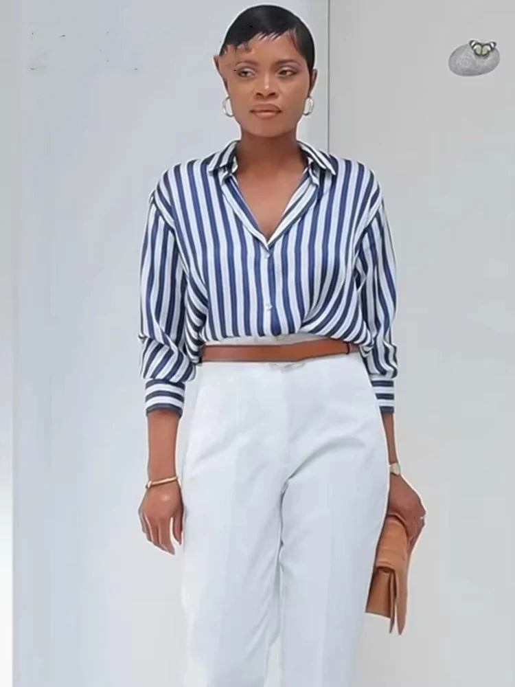 HH Women Stripe Long Sleeve Blouse Vintage Lady Top Y2K Loose Street Shirts Spring New Fashion Button Up Satin Shirt Blouse