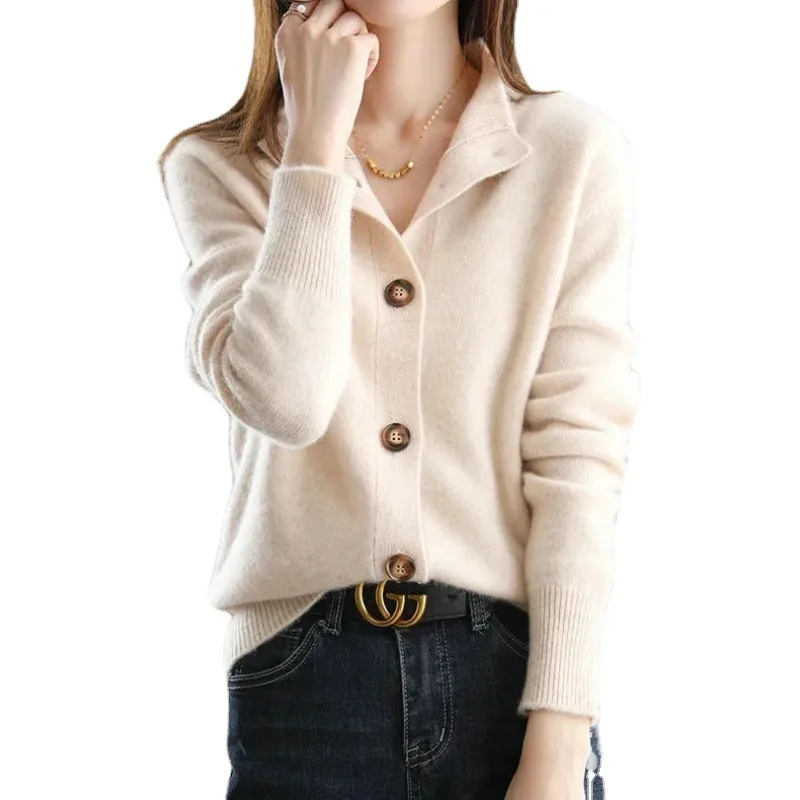 Autumn and Winter 100% Wool Cashmere Sweater Women's Self-Cultivation Half High Neck Cardigan Warm Knitted Sweater Women