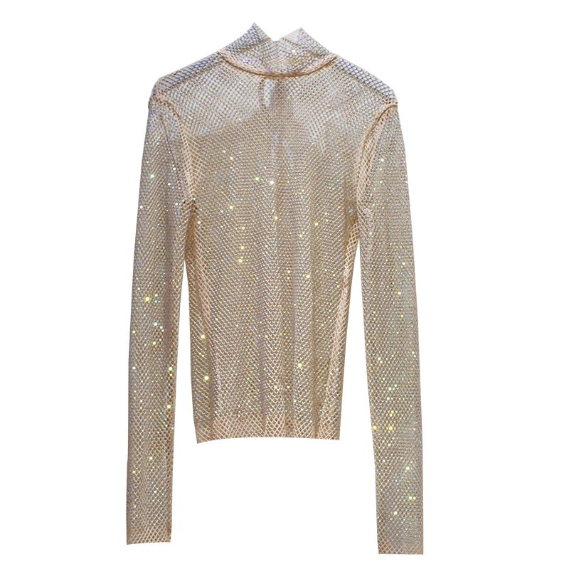 2024 New Crystal Hollow out See Through Tops Shiny Long-Sleeved Turtleneck Shirt Sexy Slim Mesh Rhinestone Shirt Club Party Tops