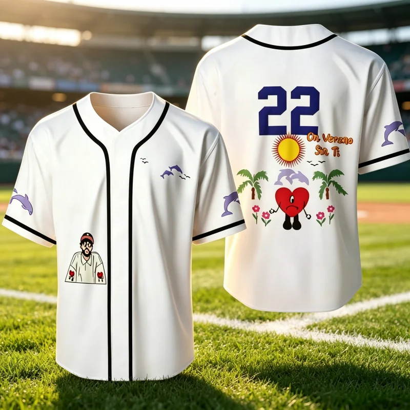 New Men Bad Bunny Un Verano Sin Ti Baseball Jersey Short Sleeve T-Shirt 22 Number Beach Palm Dolphin Heart Fans Family Kids Tees