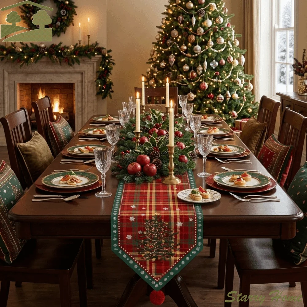 Desk Decor Christmas Table Runner Santa Claus Tree Christmas Table Flag Stripe Grid with Tassel Xmas Tablecloth New Year