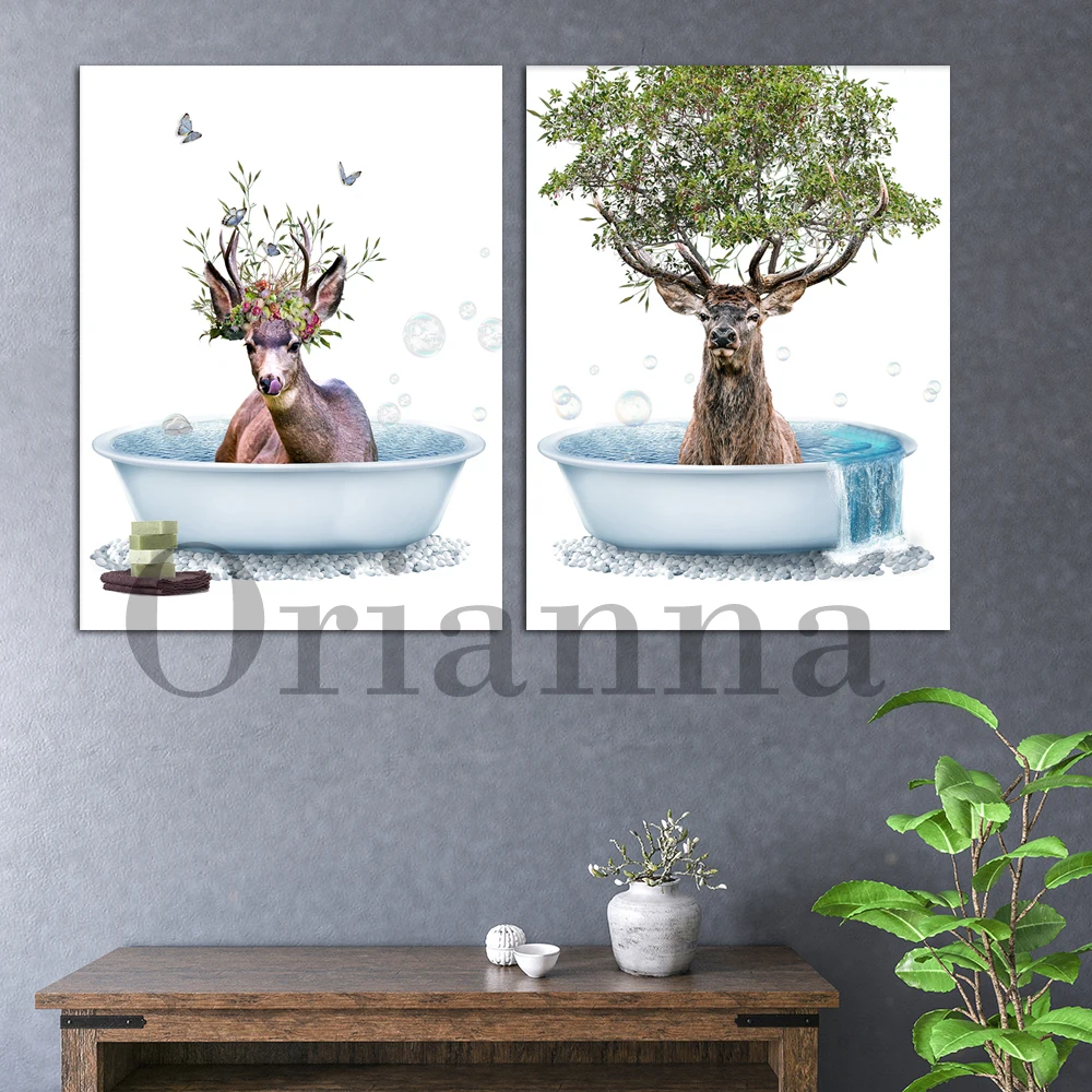 Bathtub Deer Couple Woodland Animal Flower Botanical Stag Tree Wall Art Print Poster Home Kid Room Bathroom Toilet Nursery Decor