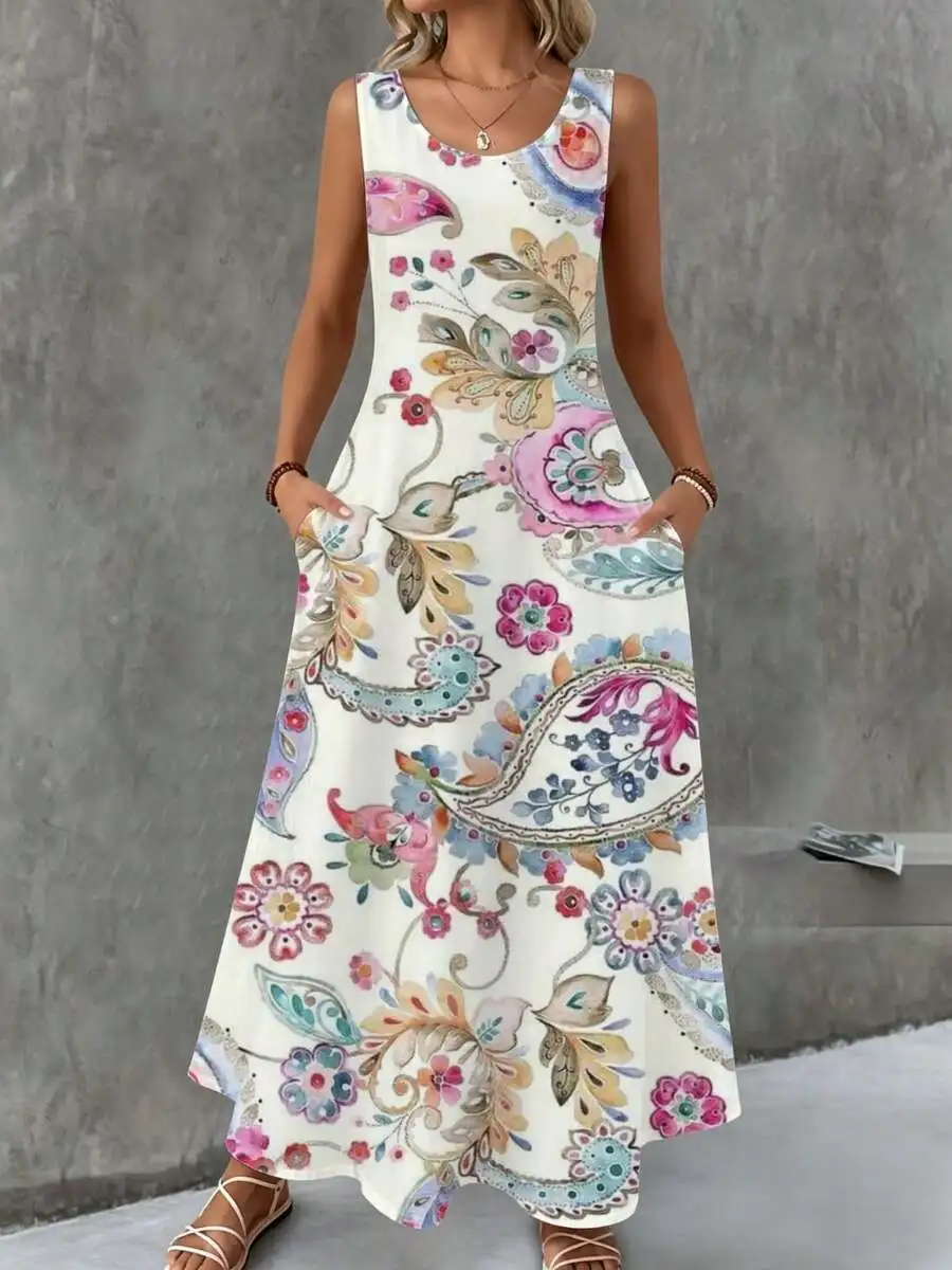 

Floral Print Sleeveless Maxi Dress White Colorful Paisley Pattern Summer Beach Outfit