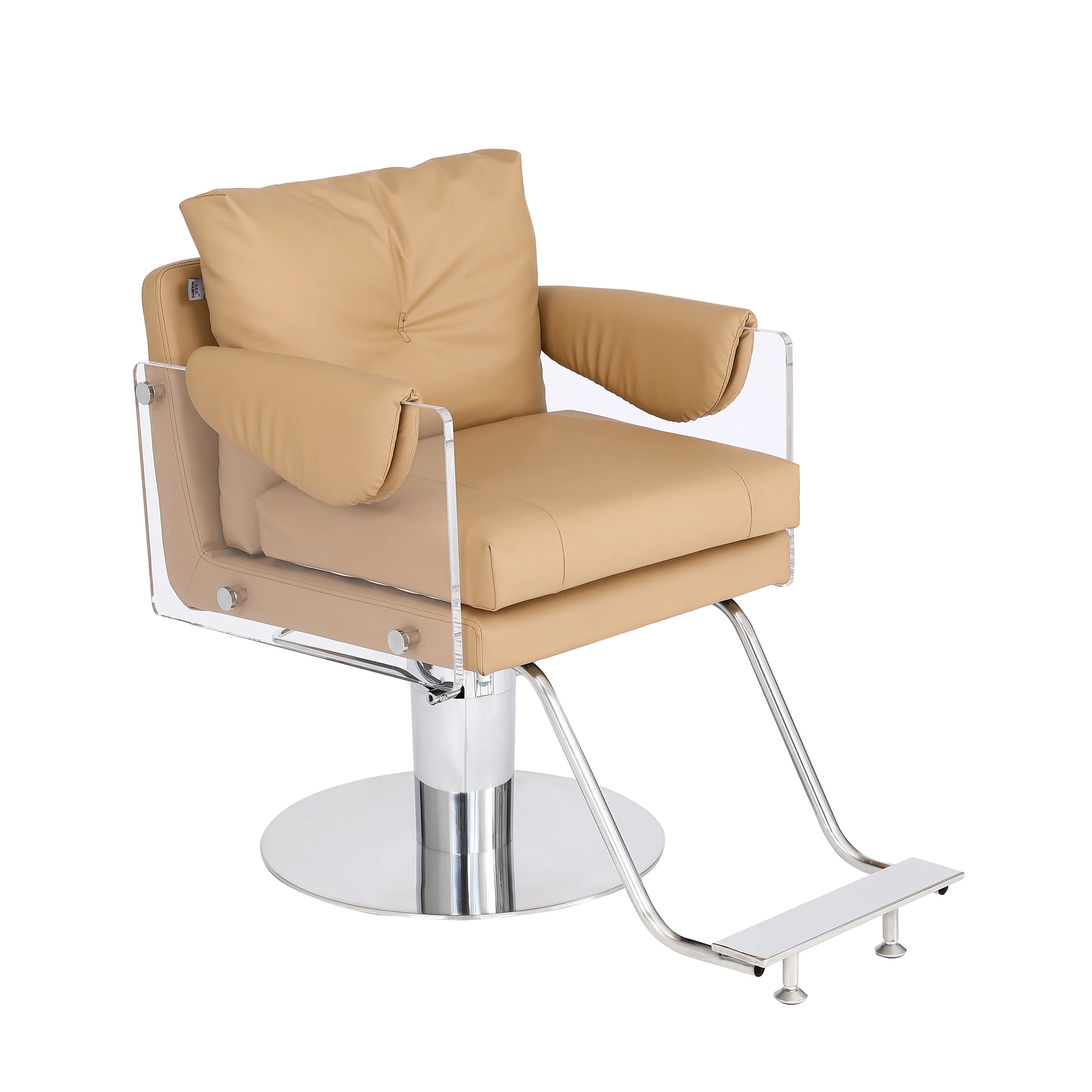 Transparent acrylic armrest Hydraulic hairdressing chair Soft bag Backrest PU leather hairdressing chair with chrome pedal
