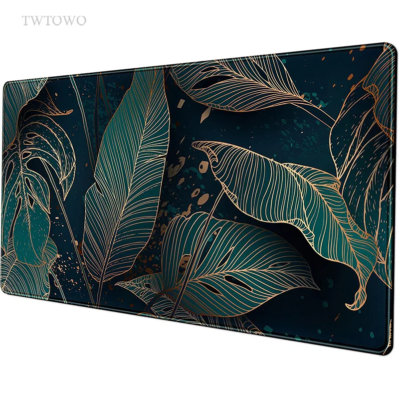 Golden Green Palm Leaves Mouse Pad Gamer XL Large HD Custom Home Mousepad XXL Playmat Carpet Non-Slip Soft Desktop Mouse Pad