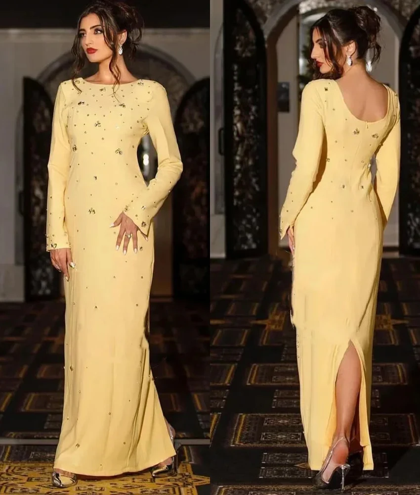 

MCDV Customized Classic Jersey Straight Crystal Evening Dress Temperament O-neck Long Sleeves Floor Length Celebrity Gowns