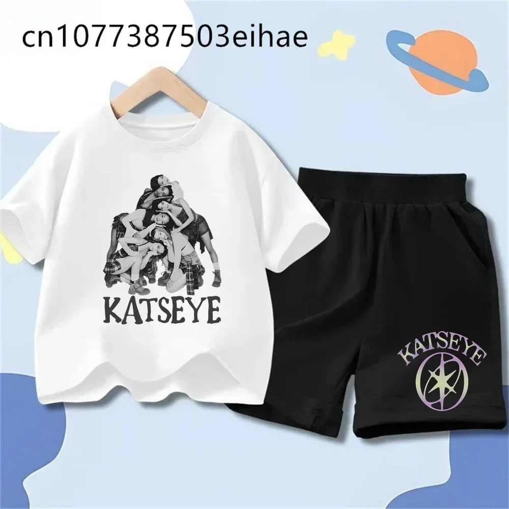 Boys Girls Katseye Funny Cartoon Print Short Sleeve T Shirt Shorts Set Summer Breathable Casual Athletic Sport Costume Suit