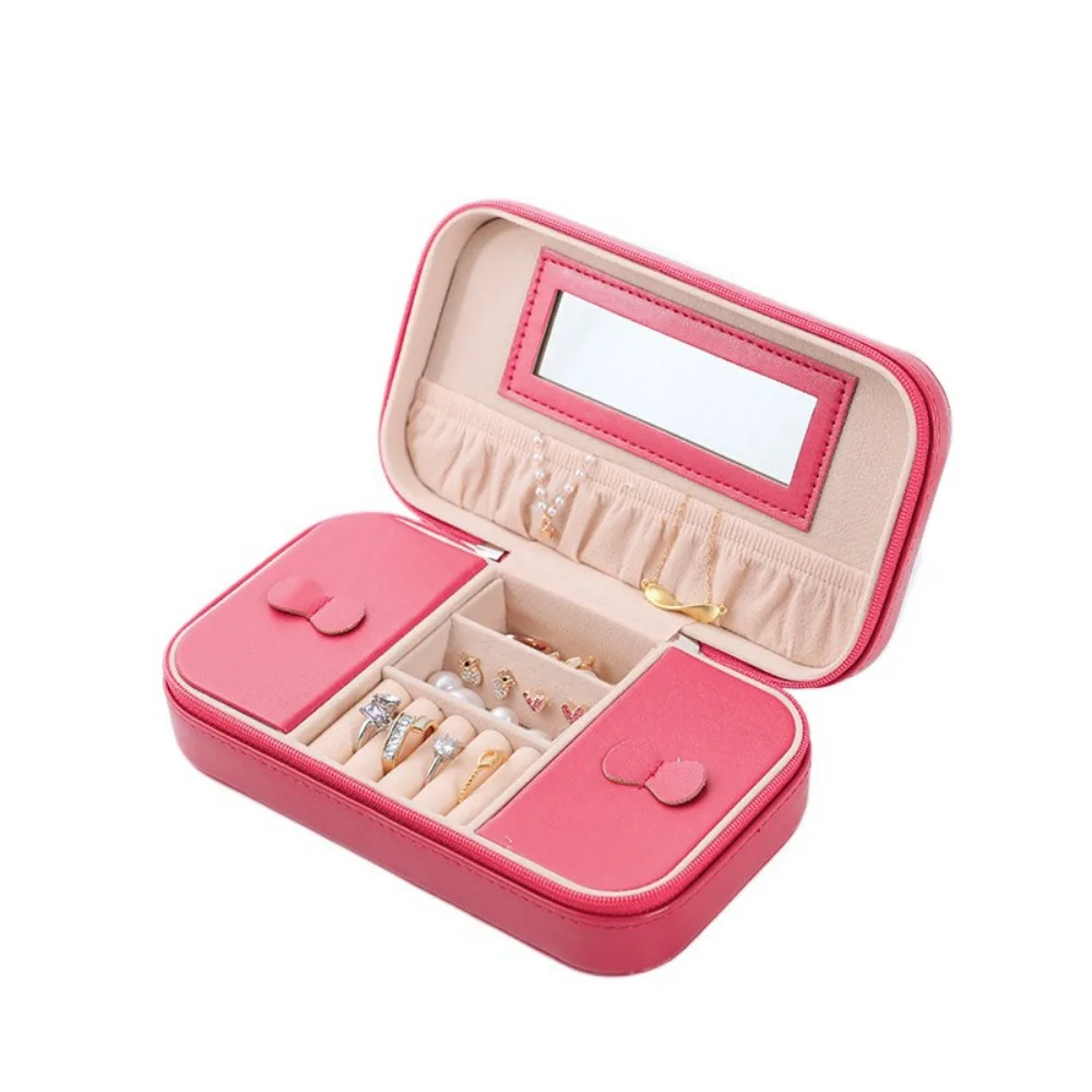 

Simple PU Jewelry Box Solid Color Large Capacity Jewelry Display Box with Mirror Dustproof Zipper Stotage Boxes Women