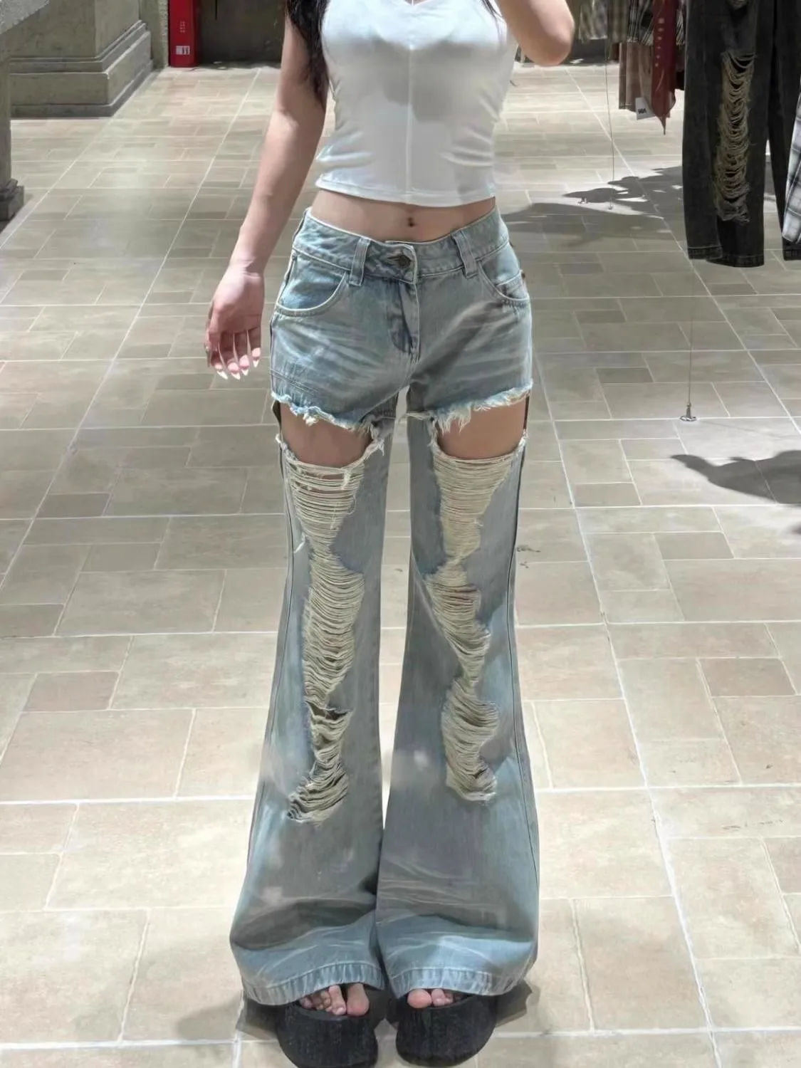 

Женские рваные расклешенные джинсы с высокой талией, весенне-осенние повседневные брюки для девочек, женские брюки, широкие джинсовые брюки