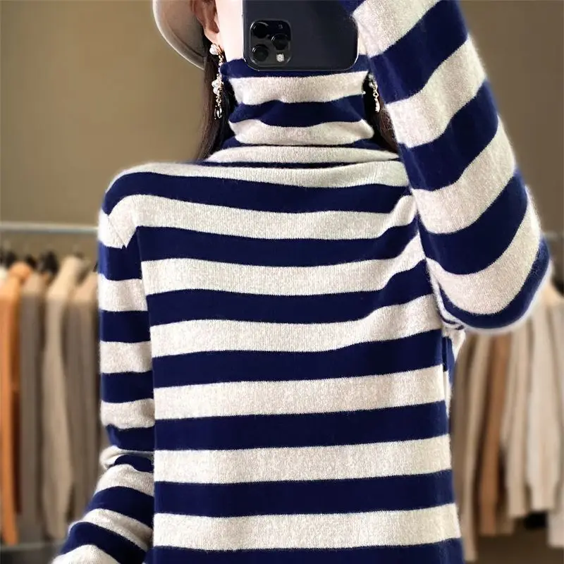 

2024 New Autumn Winter Wool Sweater Striped Pile Collar Long-sleeved Loose Foreign Style Turtleneck Sweater for Women