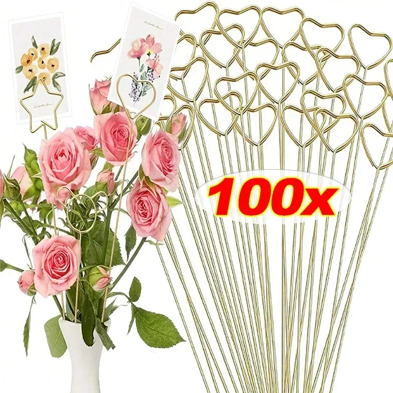 100/20x Metal Flower Seat Card Holders Golden Heart-Shaped Flower Pickup Stick Clips DIY Floral Arrangement Holders for Weddings