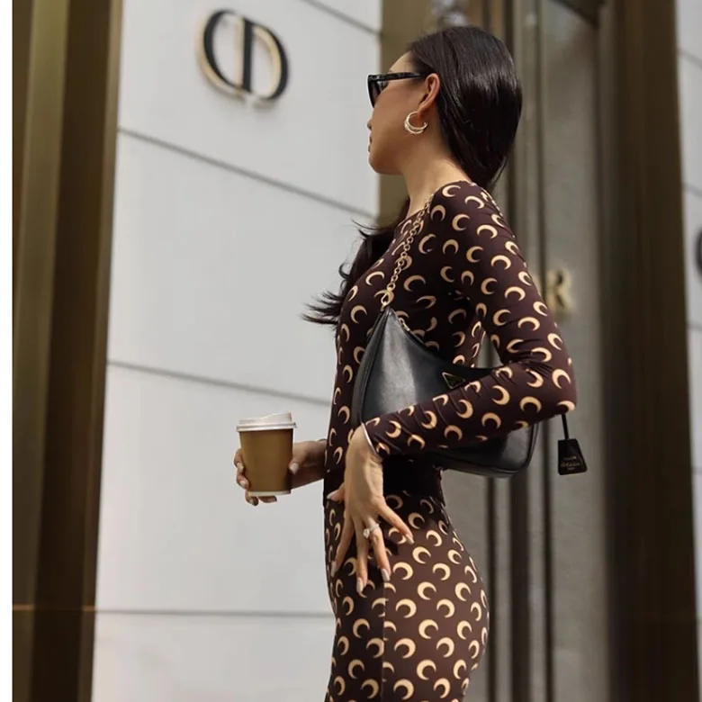 จั๊มสูทผู้หญิงสไตล์ Y2K ลายดวงจันทร์ แขนยาว คอกลม ยืดหยุ่น แฟชั่นฤดูใบไม้ร่วง เซ็กซี่