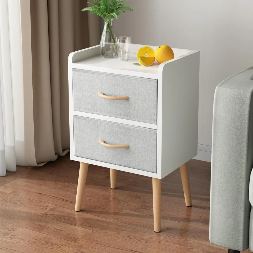 

NightStand with 2 Fabric Drawers, Bedside Table with Solid Wood Legs, Minimalist and Practical End Side Table for Bedroom