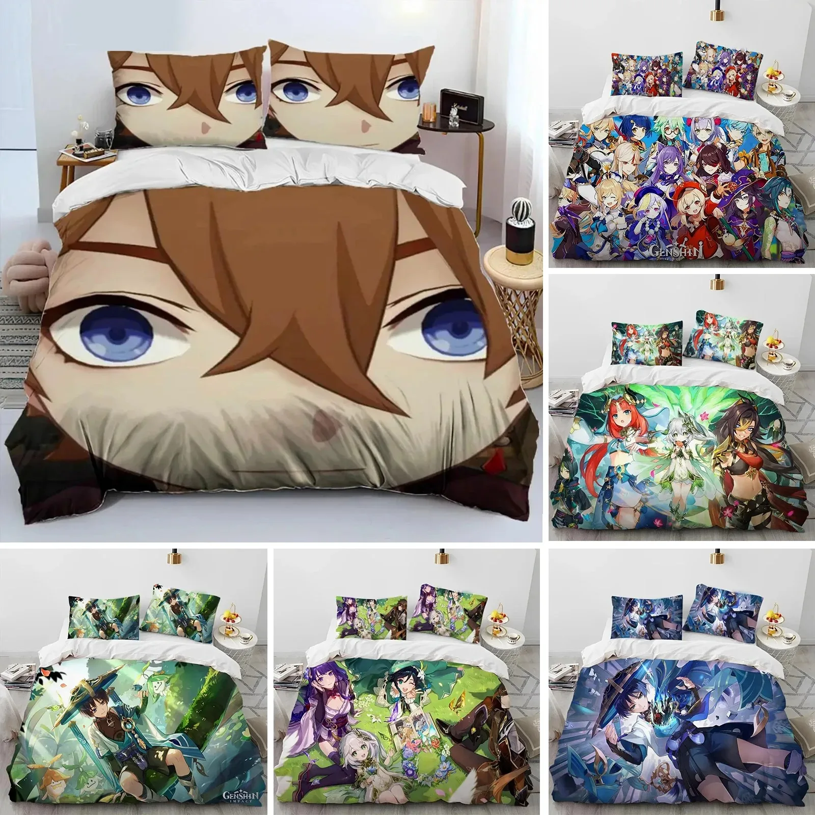 

Anime Genshin Impact Game Bedding Set Boys Girls Twin Queen Size Duvet Cover Pillowcase Bed Kids Adult Home Textileextile