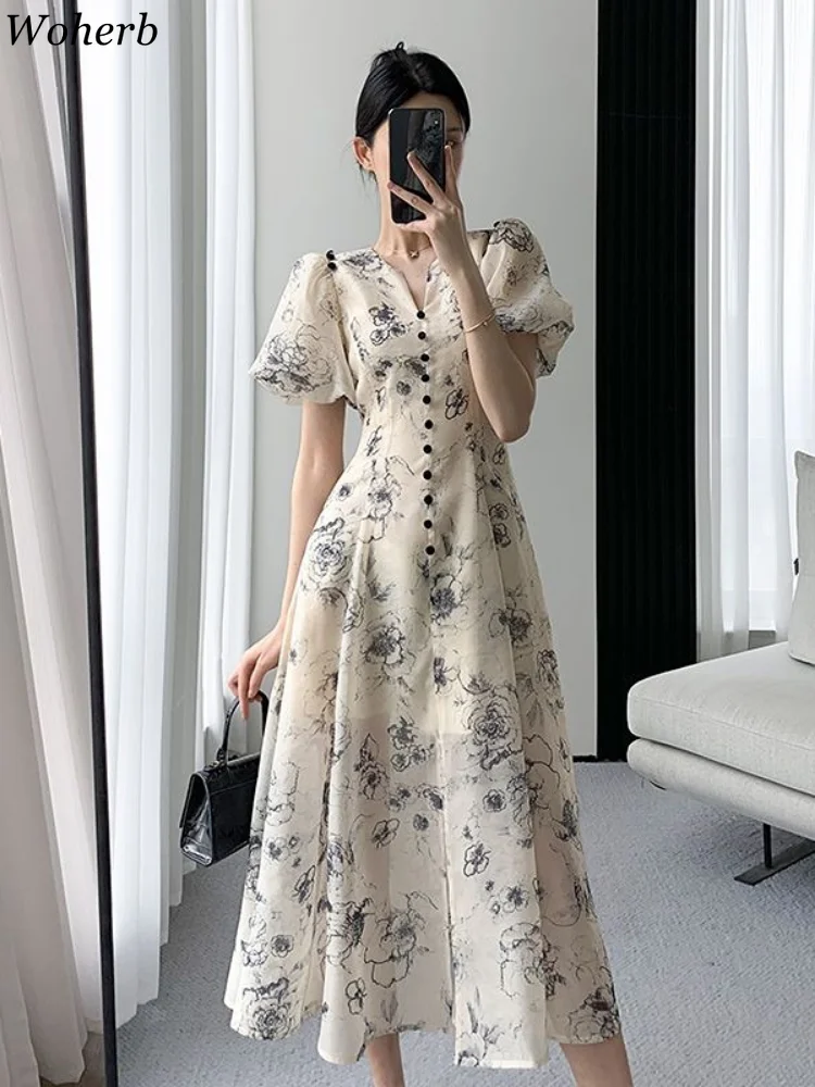 Woherb Maxi Dresses for Women Elegant Floral Print Robe Femme Sweet Button Chiffon Vestidos Feminino Korean Summer V Neck Dress