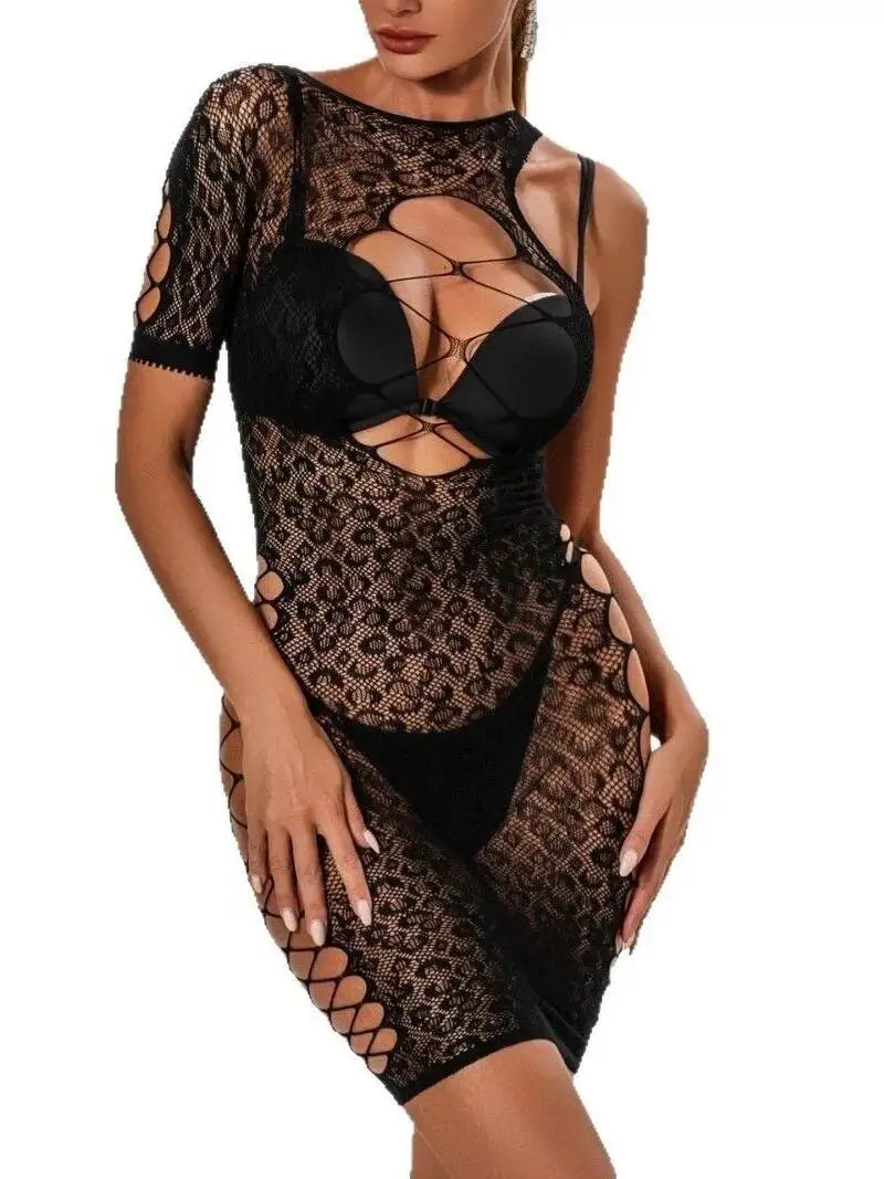 مثير واحدة الأكمام غير النظامية شبكة ليوبارد طباعة فستان من الدانتيل عارية الذراعين التفاف الورك الجولة الرقبة فستان قصير الساحرة ملهى ليلي UWPZ