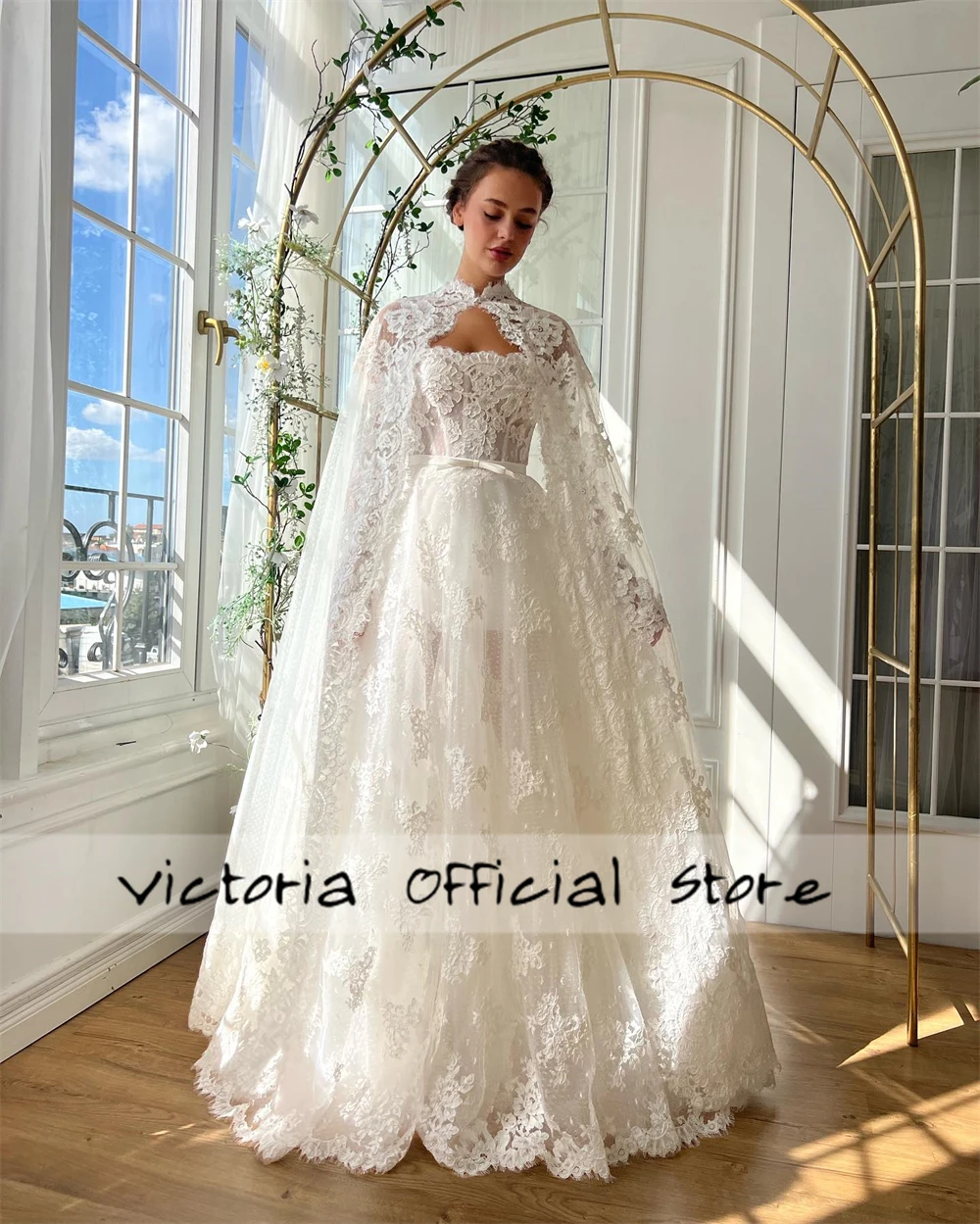 Dreamy White Lace Applique Wedding Dresses Off The Shoulder Long Sleeves Dubai Engagement Gowns With Cape A Line Customized