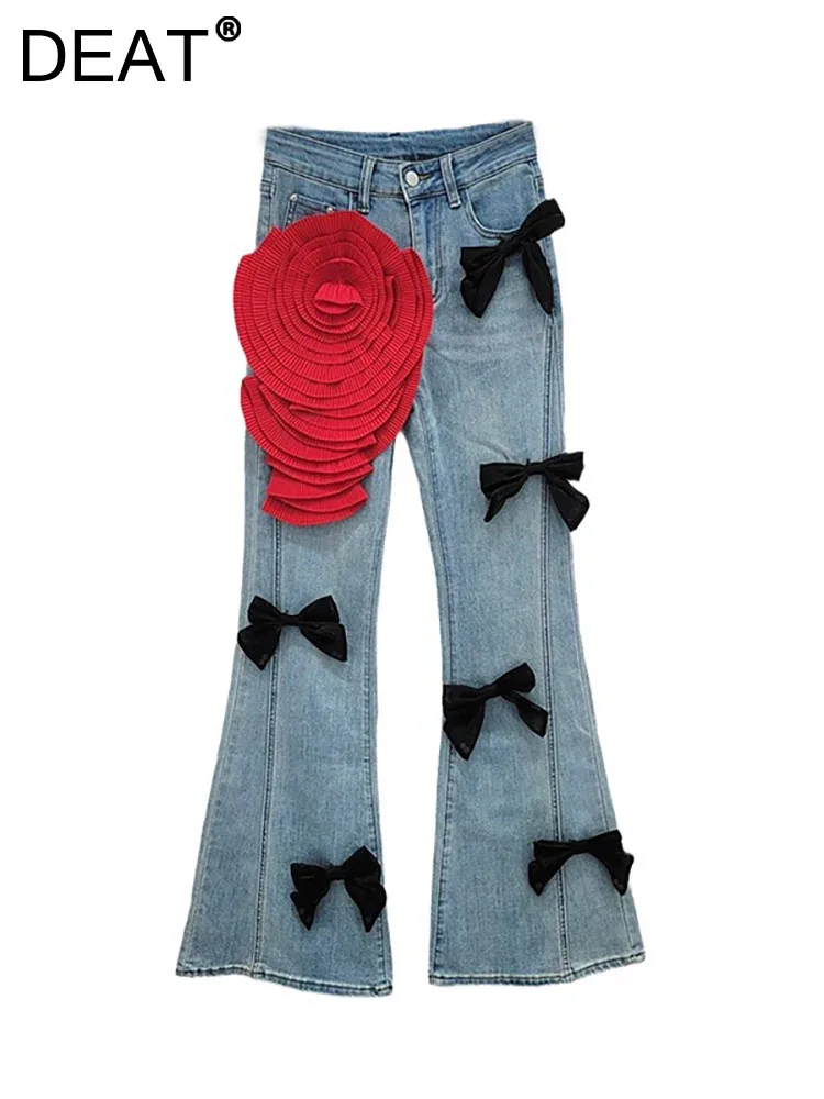 

DEAT Women Jeans High Waist Slim Spliced Big Flower Bow Stretch Vintage Design Flare Denim Pants 2024 Autumn New Fashion 29L7880