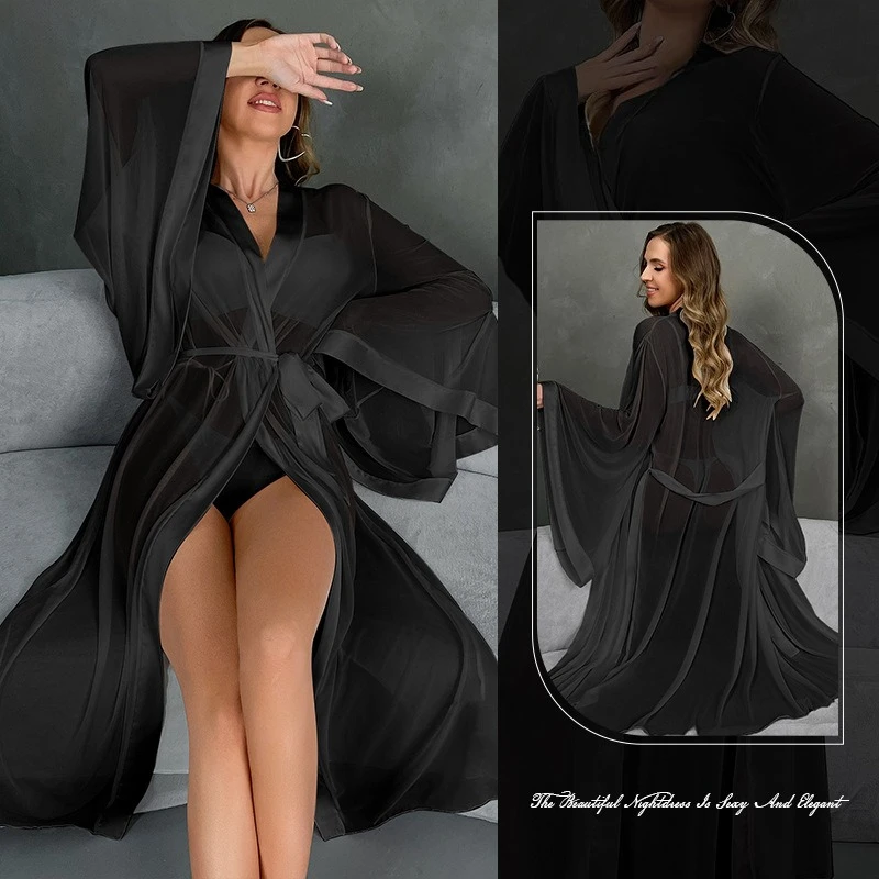 

Lace-up Cardigan Bathrobe Sexy Mesh Seduction Morning Robe Women's Pure Black White Desire Nightgown Homewear Loose Sleepwear