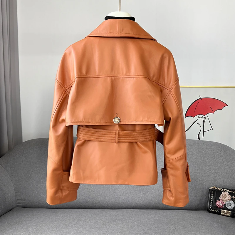 2024 New First Layer Sheepskin Jackets Women Fashion Double Breasted Belt Female Loose Real Leather Motorcycle Jackets Coats