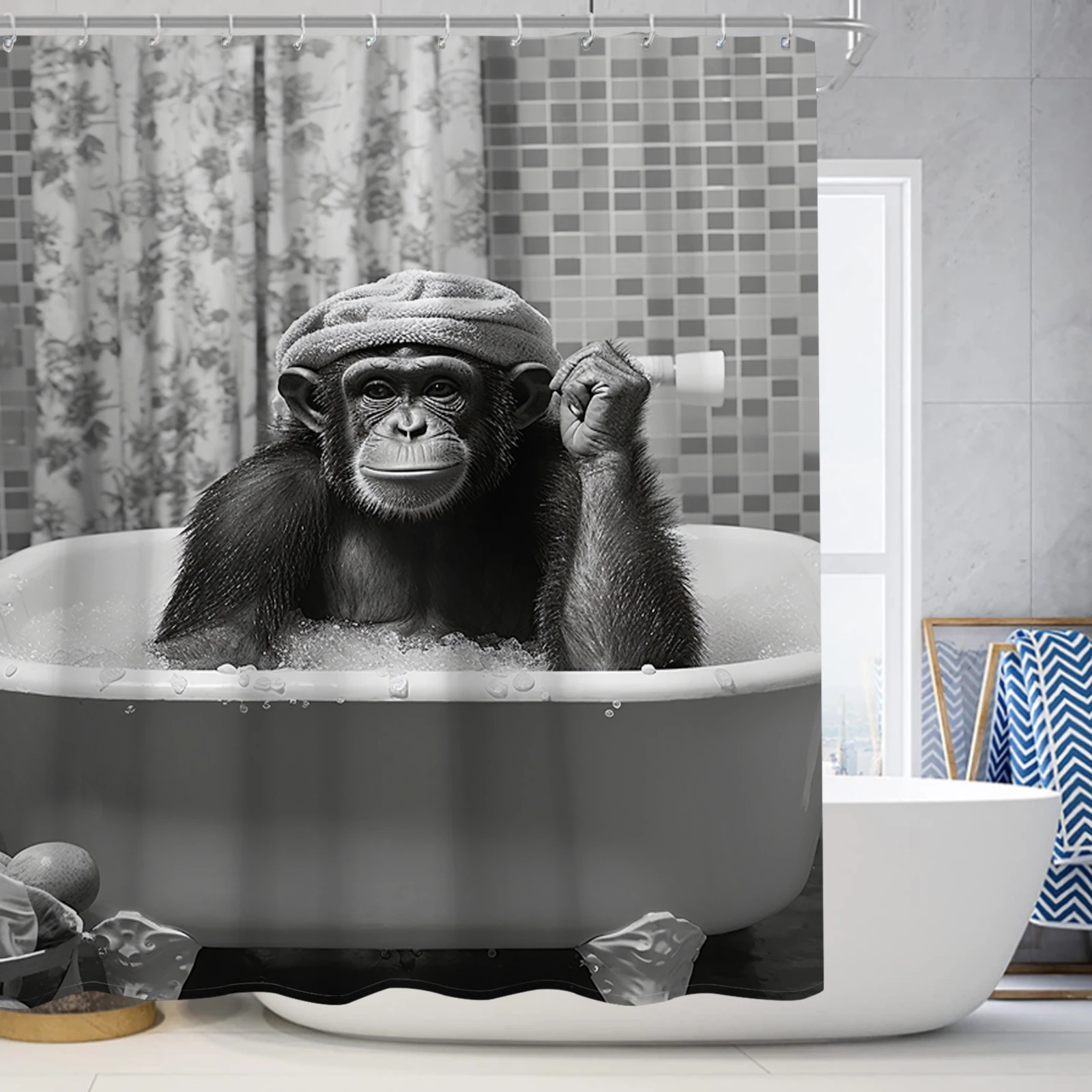 Gorilla print shower curtain polyester minimalist home décor bathroom curtain with hook