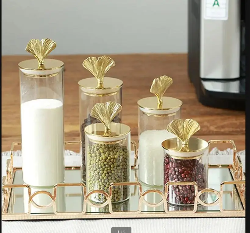 

European Retro Pure Copper Cover Ginkgo Biloba Glass Sealed Jar with Brass Home Scented Tea Coffee Beans Food Storage