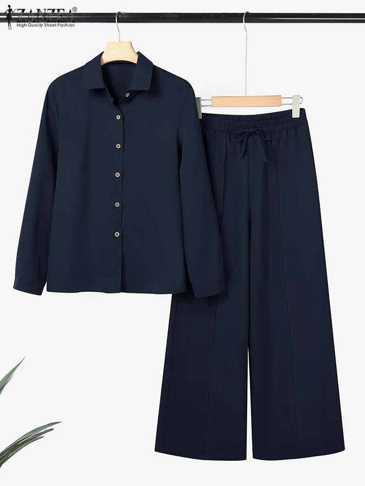 

2025 стильная повседневная рубашка с длинным рукавом, брючный костюм ZANZEA, осенняя одежда, женские комплекты из 2 предметов, элегантные однотонные рабочие спортивные костюмы